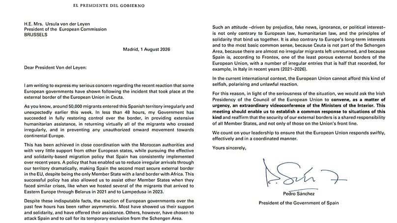 Carta de Pedro Sánchez a Von der Leyen por la crisis de Ceuta