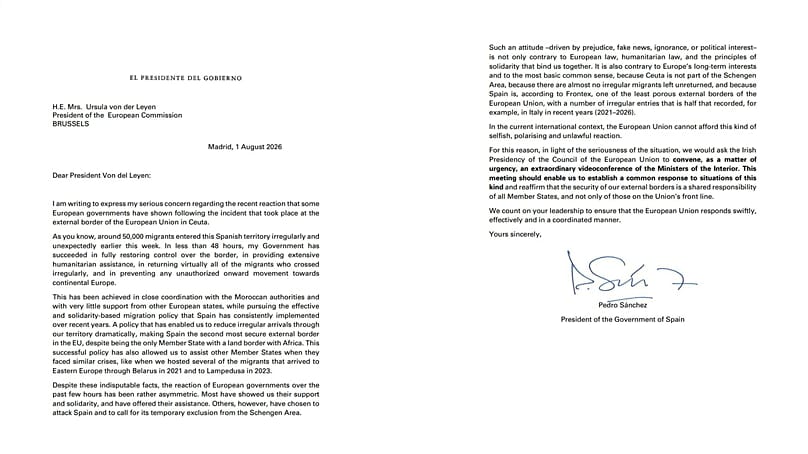 Carta de Pedro Sánchez a Von der Leyen por la crisis de Ceuta