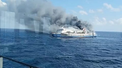  smoke billows from passenger ship Mutiara Santosa 2 after it caught fire in the waters off Madura Island, Indonesia. Indonesian National Search and Rescue Agency 02.08.2026