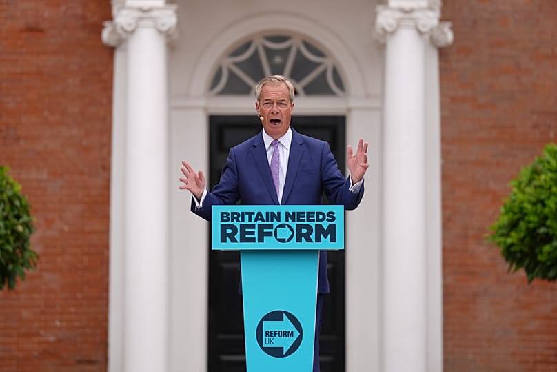 Britain's Reform UK party leader Nigel Farage speaks during a Reform UK rally in Wymondham, England, Tuesday July 21, 2026.