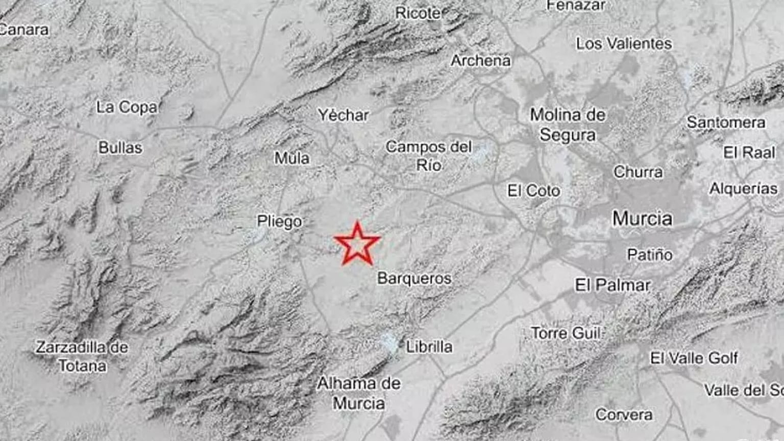 El epicentro del terremoto en la Región de Murcia, según el IGN