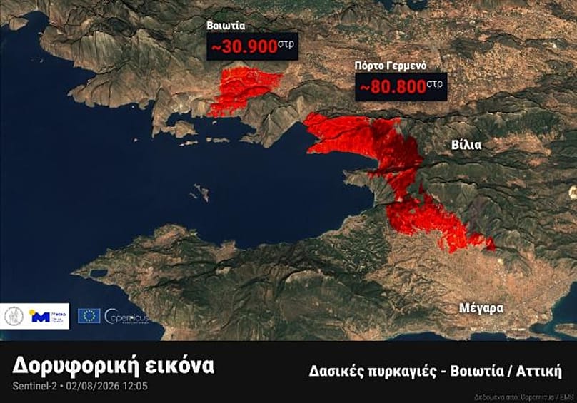 Δορυφορικά δεδομένα από τον δορυφόρο Sentinel-2 πάνω από την περιοχή της Βοιωτίας και της Αττικής