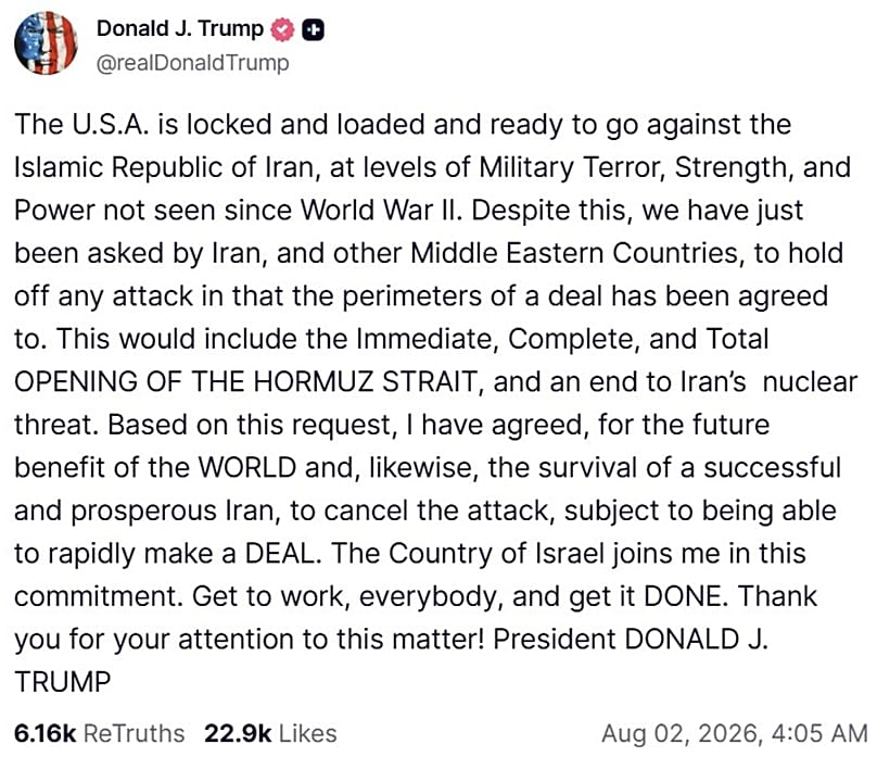 A screenshot of a post on US President Donald Trump's Truth Social account, 3 August, 2026