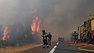 Des pompiers arrosent une forêt en feu près de Lacanau, dans le sud-ouest de la France, samedi 25 juillet 2026.