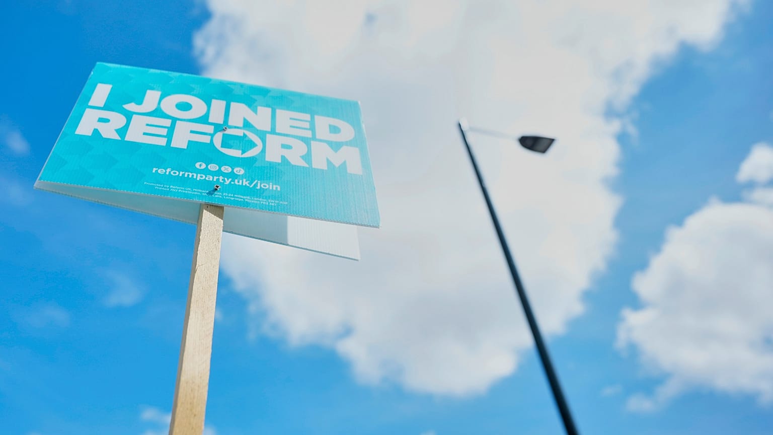 A Reform UK political sign put up by the householder to show support ahead of local council elections in London, 6 May, 2026