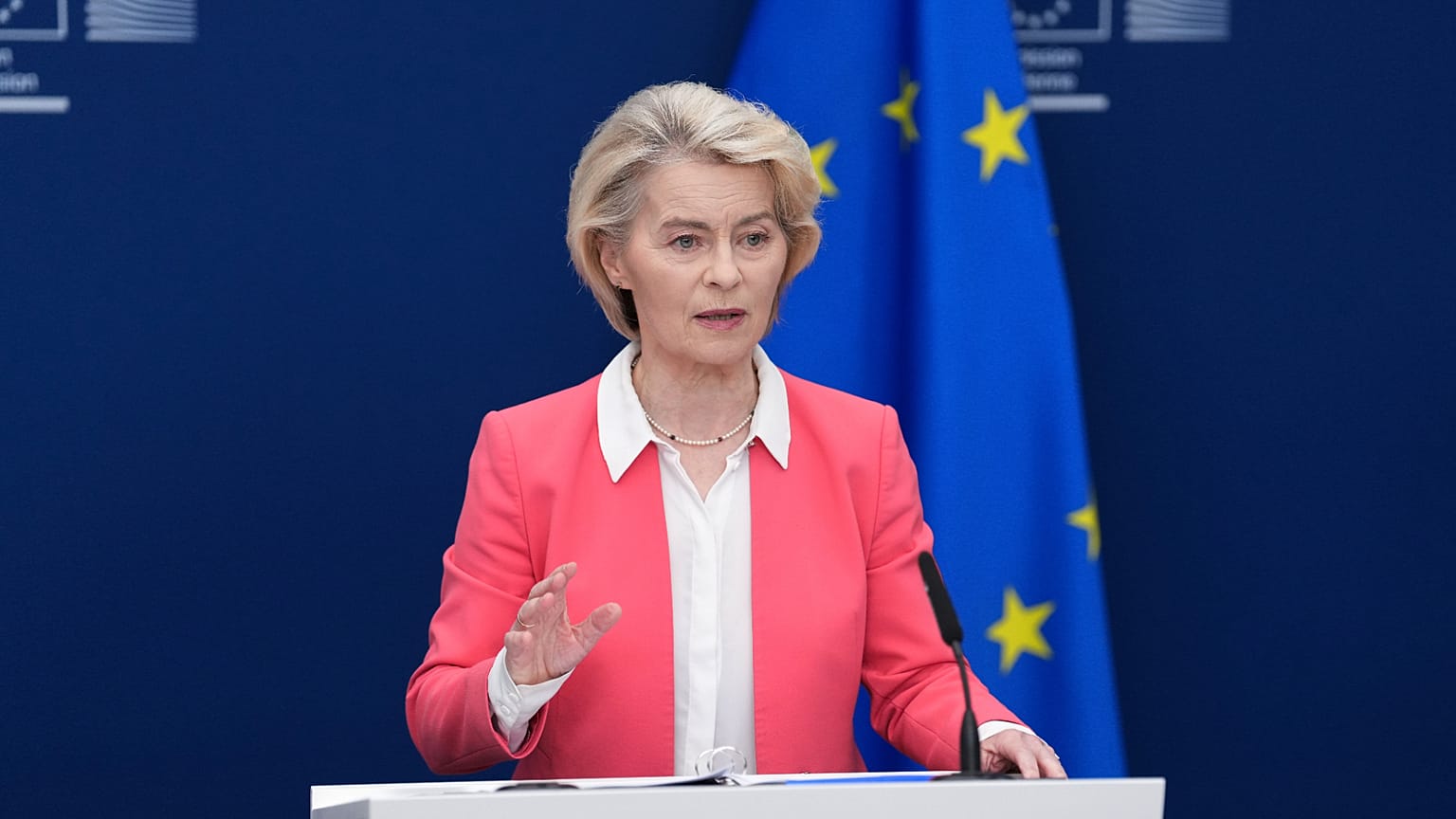 European Commission President Ursula von der Leyen speaks during a report on children's safety online at EU headquarters in Brussels, Monday, July 13, 2026.