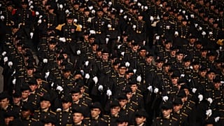 French soldiers march during the Bastille Day military parade on the Champs-Elysees avenue, in Paris, 14 July, 2026. 
