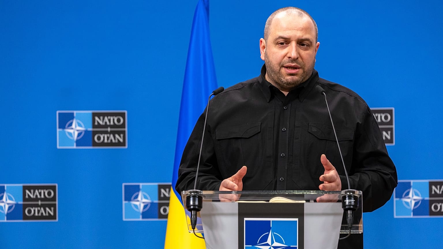 Rustem Umerov attends a media conference after a meeting of the Ukraine Defence Contact Group at NATO headquarters in Brussels, Friday, April 11, 2025.