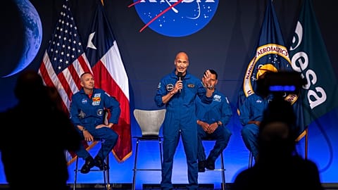 Artemis III crew member Luca Parmitano thanks his children during a press conference at Johnson Space Center on Tuesday, June 9, 2026, in Houston. (AP Photo/Annie Mulligan)