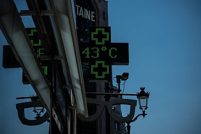A pharmacy display shows a temperature of 43 degrees Celsius in Paris during a heat wave, Wednesday, July 29, 2026.