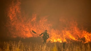 Un bombero trabaja frente a las llamas durante un incendio forestal en la Sierra de la Culebra, en la provincia de Zamora, el sábado 18 de junio de 2022. 