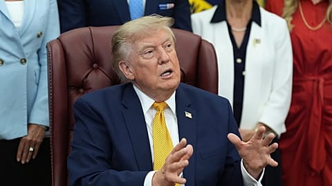 President Donald Trump speaks during a meeting about military families, in the Oval Office of the White House, Monday, Aug. 3, 2026, in Washington.