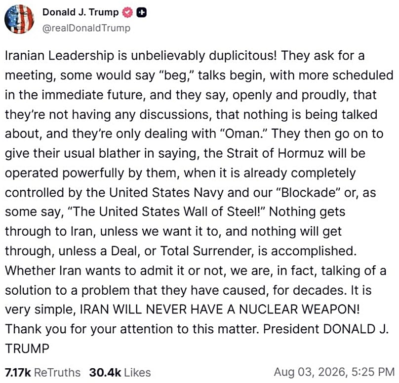 A screenshot of a post on US President Donald Trump's Truth Social account, 4 August, 2026