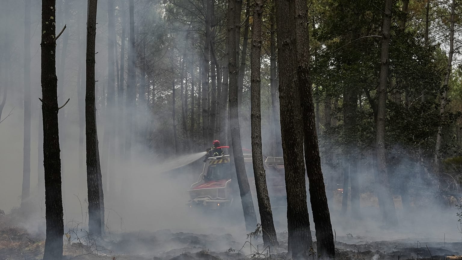 Des pompiers s'efforcent d'éteindre un incendie près de Blagon, dans le sud-ouest de la France, ce vendredi 31 juillet 2026.