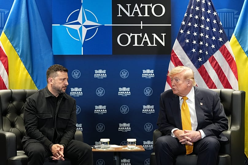 U.S. President Donald Trump meets with Ukraine's President Volodymyr Zelenskyy on the sidelines of the NATO summit in Ankara, Turkey, Wednesday, July 8, 2026.