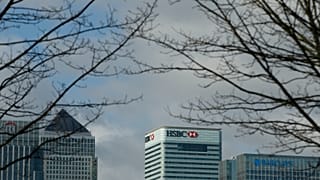 A general view of the headquarters of the banking giant HSBC, next to other buildings in Canary Wharf in London