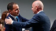 FIFA President Gianni Infantino is congratulated by fellow candidate Prince Ali Al-Hussein of Jordan after the second election round in Zurich, Switzerland, Feb. 26, 2016. 