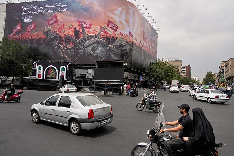 A billboard depicting a fallen Statue of Liberty in Tehran, 3 August, 2026