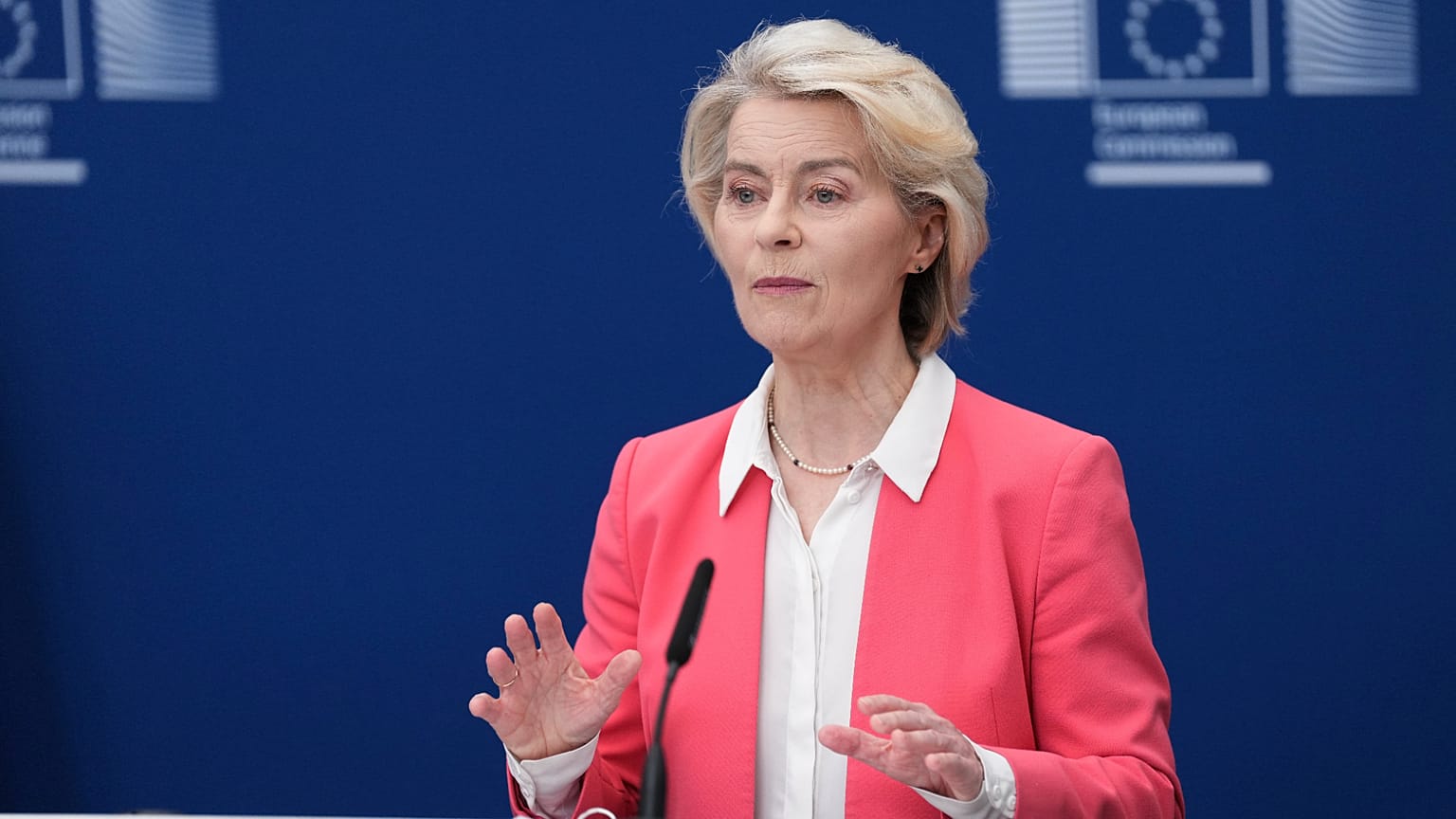European Commission President Ursula von der Leyen speaks during a report on children's safety online at EU headquarters in Brussels, Monday, July 13, 2026. (AP Photo/Marius B