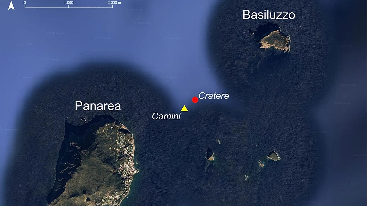 Mappa di inquadramento: scoperti un cratere sottomarino di 100×60 metri e nuovi camini idrotermali a un miglio dall'isola di Panarea. Fonte: INGV