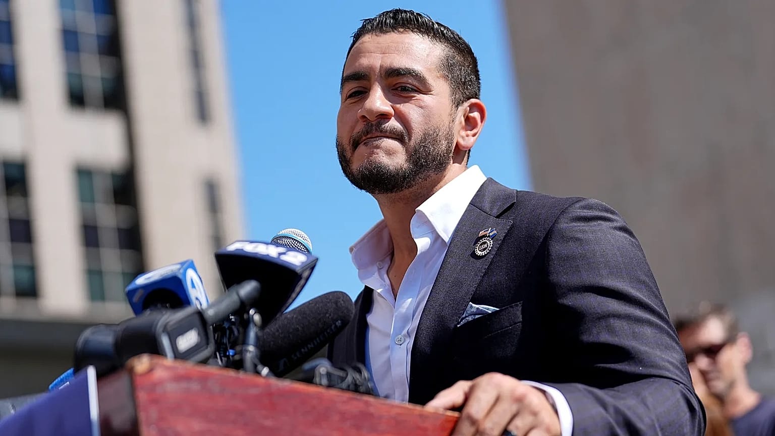 Abdul El-Sayed speaks during a news conference at the Spirit of Detroit shortly after winning the Democratic nomination for U.S. Senate in Michigan, Wednesday, Aug. 5, 2026.