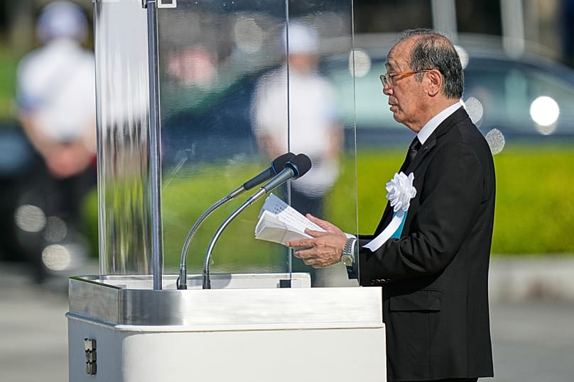Mayor of Hiroshima City Kazumi Matsui delivers a speech during the ceremony to mark the anniversary of the US bombing of the city, 6 August, 2025