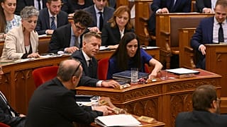 Hungarian Prime Minister Péter Magyar, centre left, and Foreign Minister Anita Orban, centre right, voting in the Hungarian Parliament.