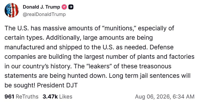 A screenshot of a post on US President Donald Trump's Truth Social account, 6 August, 2026