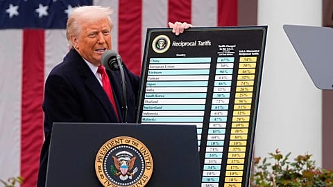President Donald Trump speaks during an event to announce new tariffs in the Rose Garden at the White House on April 2, 2025, in Washington.