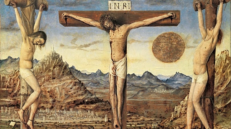 The sun can be seen in an ochre tone. Anonymous. 'Crucifixion'.