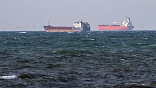 The boarded ships Caffa, left, and Sea Owl I anchored side by side outside Trelleborg, 13 March, 2026