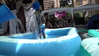 Various ohildren playing in inflatable swimming pools, Rome, Italy, 5 August 2026.f children playing in inflatable swimming pools, Rome Italy, 05 August 2026