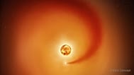 İllüstrasyonda  çizimi, kırmızı süper dev yıldız Betelgeuse ve yörüngesindeki eş yıldız resmediliyor.