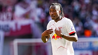 Yan Diomandé del Lipsia reagisce durante la partita di Bundesliga tra RB Leipzig e Borussia Mönchengladbach, a Lipsia, Germania, l'11 aprile 2026.