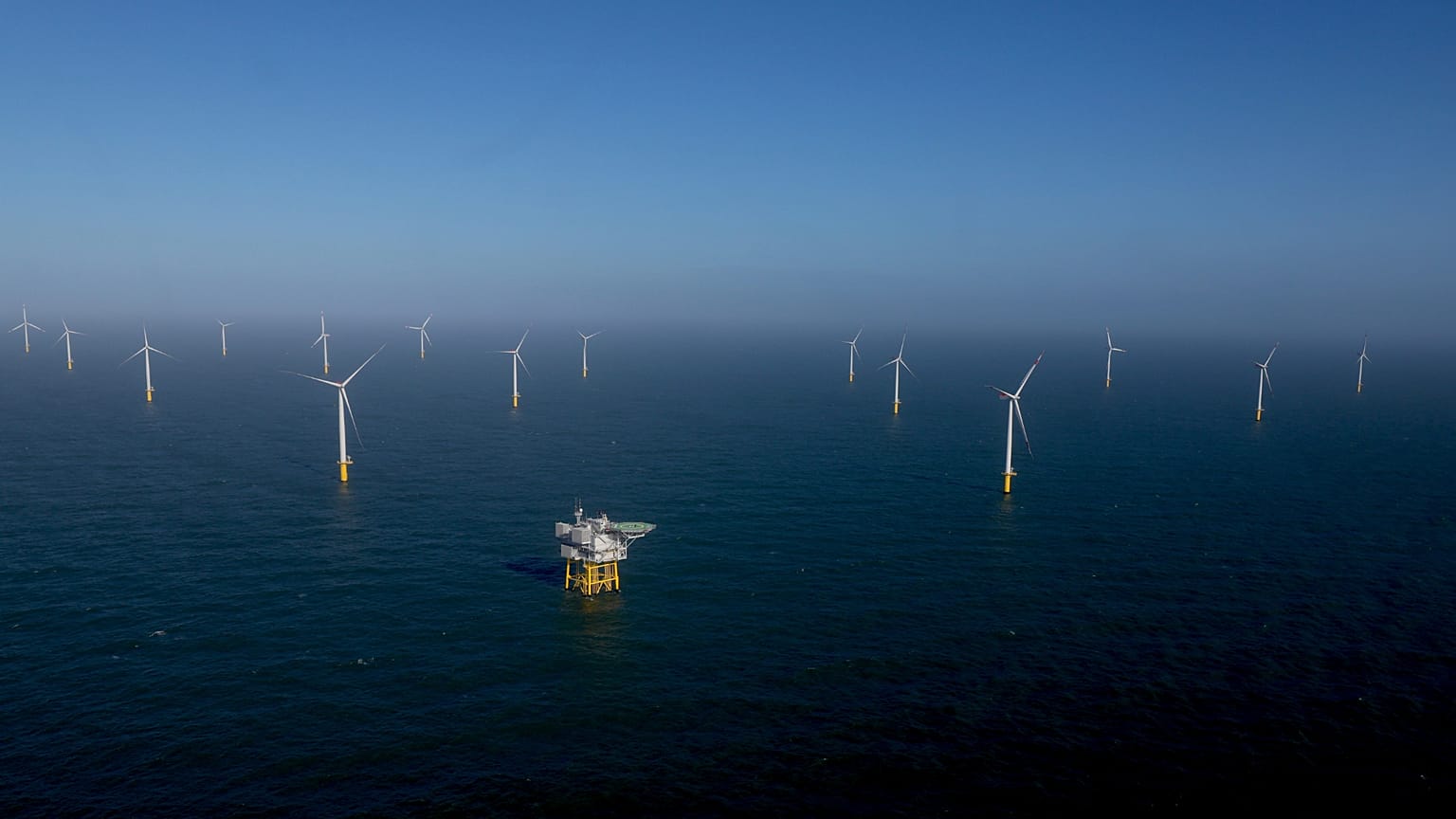 Numerous wind turbines, including some from RWE's new Kaskasi offshore wind farm, can be seen during the commissioning of the wind farm off Helgoland, Germany.