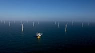 Numerous wind turbines, including some from RWE's new Kaskasi offshore wind farm, can be seen during the commissioning of the wind farm off Helgoland, Germany.