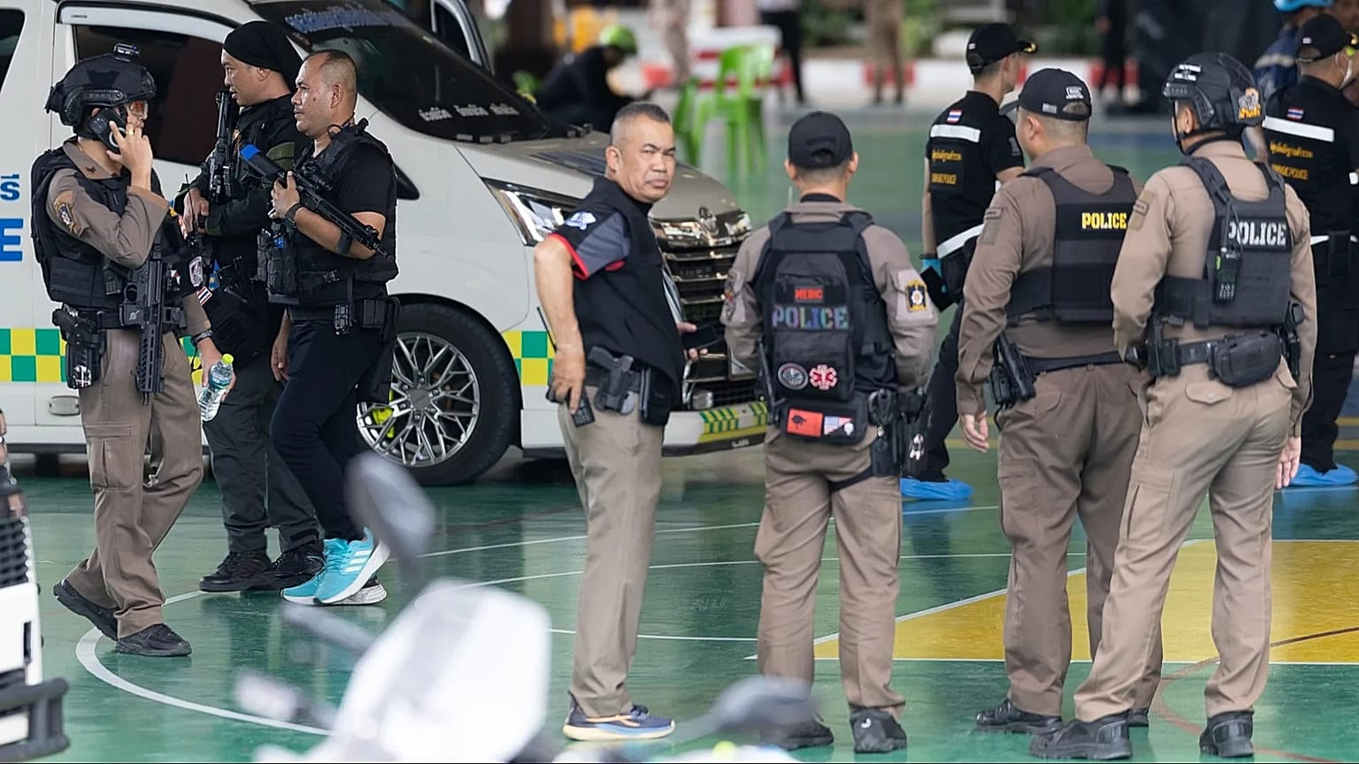 Security officers secure the area after a shooting incident at the Debsirin Nonthaburi School in Thailand's Nonthaburi province, 7 August, 2026