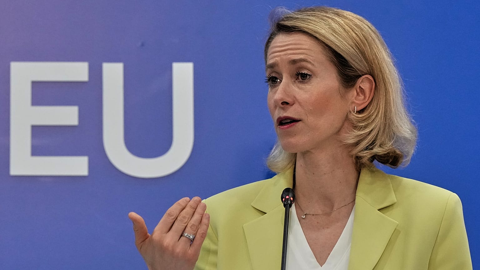 European Union foreign policy chief Kaja Kallas, talks to the media during an informal EU defence meeting in Nicosia, Cyprus, Monday, June 8, 2026
