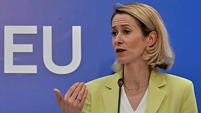 European Union foreign policy chief Kaja Kallas, talks to the media during an informal EU defence meeting in Nicosia, Cyprus, Monday, June 8, 2026