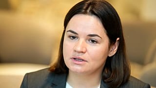 FILE:  Sviatlana Tsikhanouskaya speaks during her interview with Associated Press in Tallinn, Estonia, Tuesday, Oct. 25, 2022. 