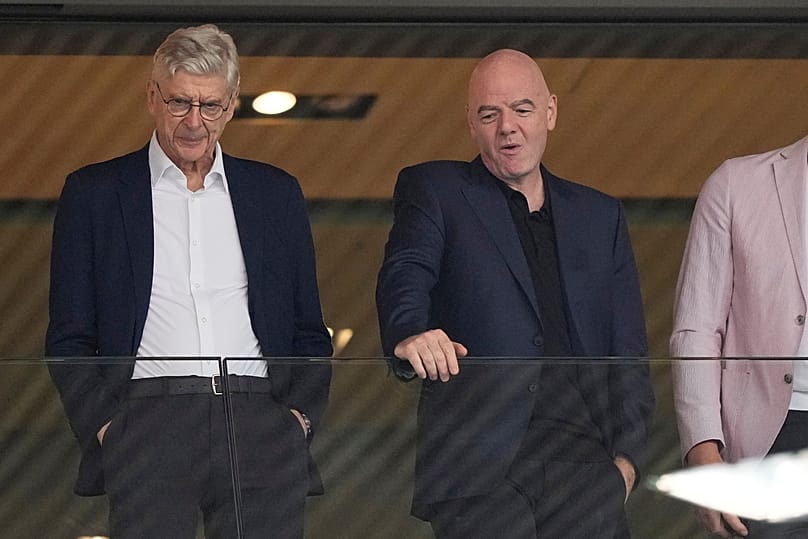 FIFA president Gianni Infantino, right, and Arsene Wenger, Chief Officer (FIFA) and former soccer coach arrive for the Women's Euro 2025 quarterfinals soccer match.