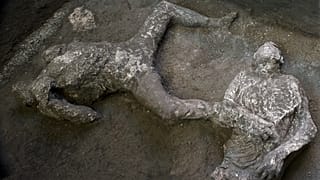 The casts of what are believed to have been a rich man and his male slave fleeing the volcanic eruption of Vesuvius nearly 2,000 years ago