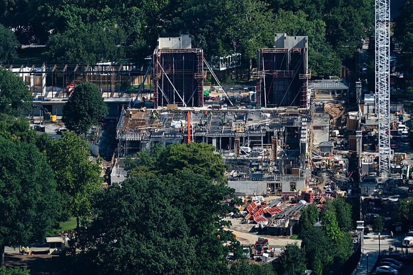 Construction continues on the White House ballroom, Friday, Aug. 7, 2026, in Washington. 