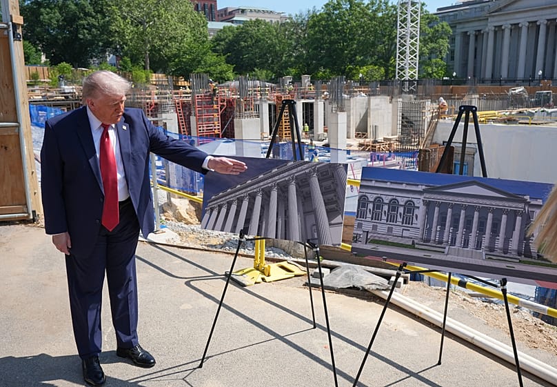 President Donald Trump tours Ballroom construction around the outside the White House, Tuesday, May 19, 2026, in Washington.