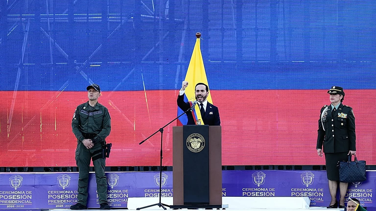 Colombia's President Abelardo de la Espriella delivers his inaugural address after taking the oath of office in Cali, Colombia, Friday, Aug. 7, 2026.