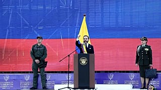 Colombia's President Abelardo de la Espriella delivers his inaugural address after taking the oath of office in Cali, Colombia, Friday, Aug. 7, 2026.