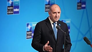 Bulgaria's Prime Minister Rumen Radev speaks as he arrives for the NATO summit in Ankara, Turkey, Wednesday, July 8, 2026.