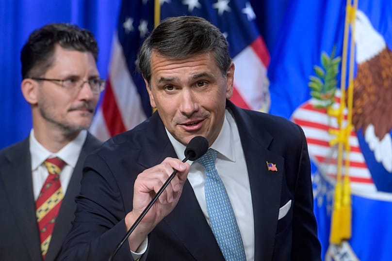 Acting Attorney General Todd Blanche speaks during a news conference at the Department of Justice, Wednesday, 5 August 2026 in Washington.