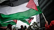 أنصار يلوحون بالأعلام الفلسطينية خلال احتجاج ضد الحرب بين إسرائيل وحماس، خارج السفارة الإسرائيلية