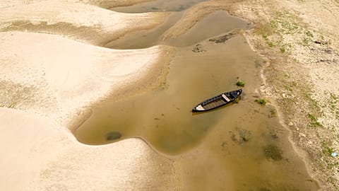 Usually submerged areas of the Danube River are exposed amid exceptionally low water levels, in Rasova, Romania, Monday, 4 August 2026.